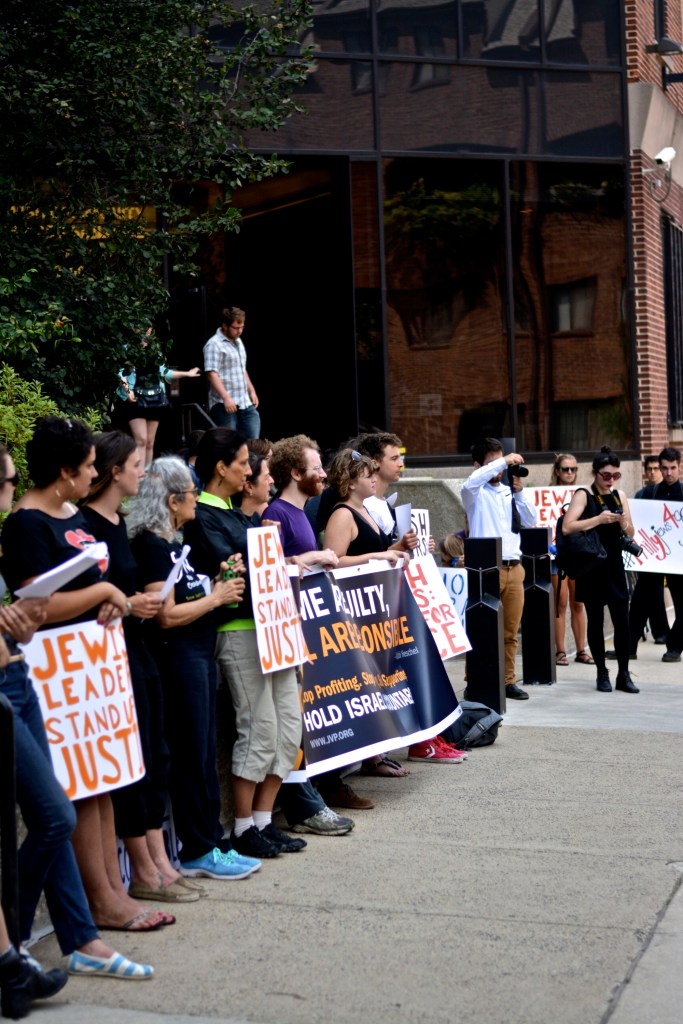 Protesters from Jewish Voices for Peace, among others, stand outside the Jewish Community Services Building. (Photo: Joshua Albert)
