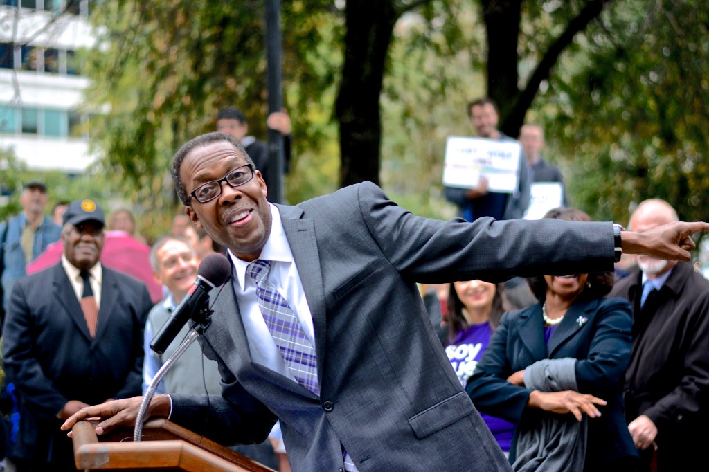 Council President Darrell Clarke at LOVE Park rally. Photo: Joshua Albert