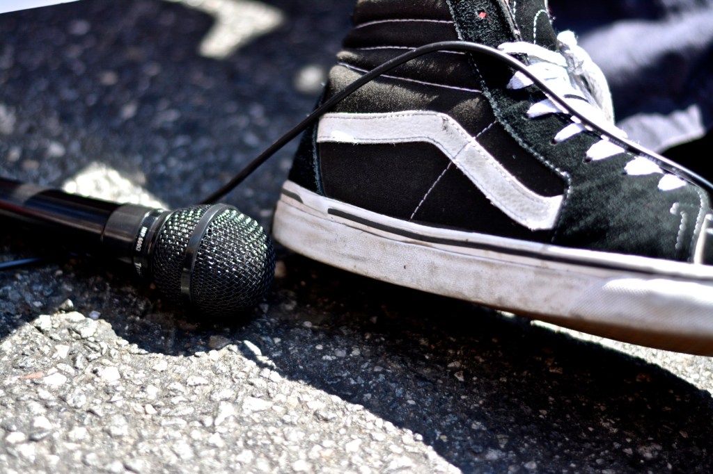 Protester drops the mic. 