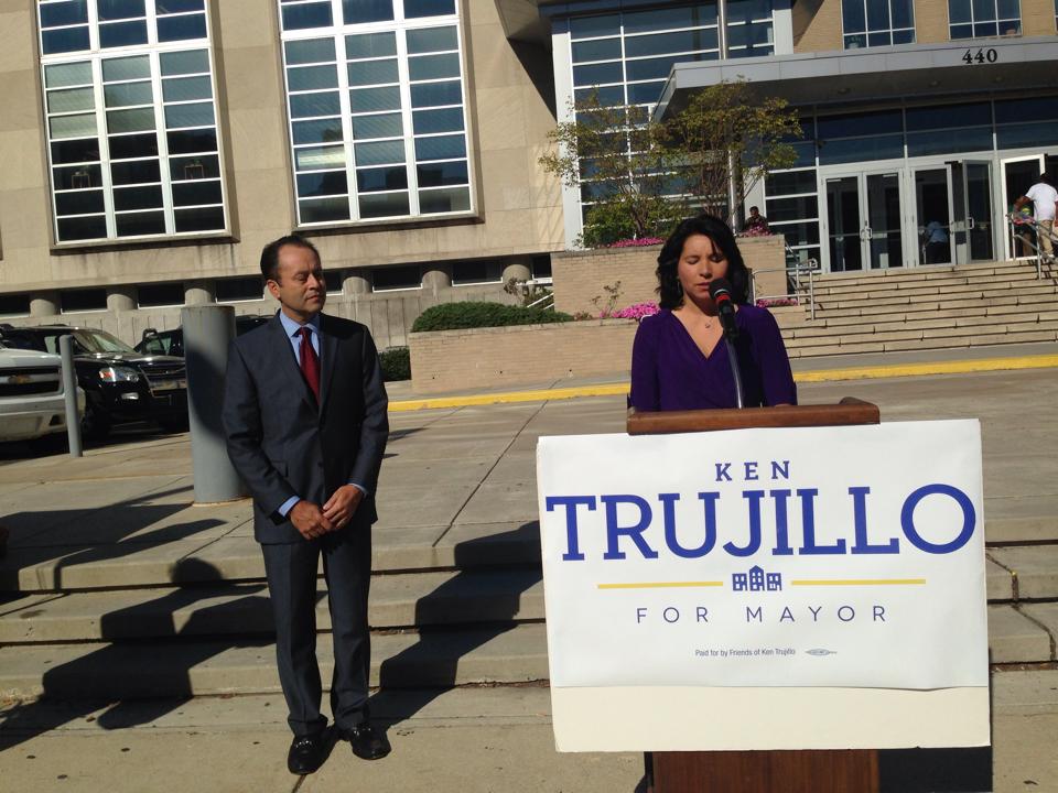 Ken Trujillo and wife Laura Luna Trujillo officially announcing candidacy at 440 N. Broad Wednesday morning. Photo: Christopher Norris