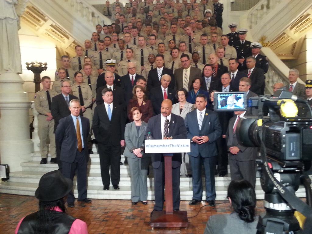 Philadelphia District Attorney Seth Williams, Police Commissioner Charles H. Ramsey, and Harrisburg lawmakers hold a press conference for the Revictimization Relief Act on October 6th. Photo: Rep. Mike Turzai