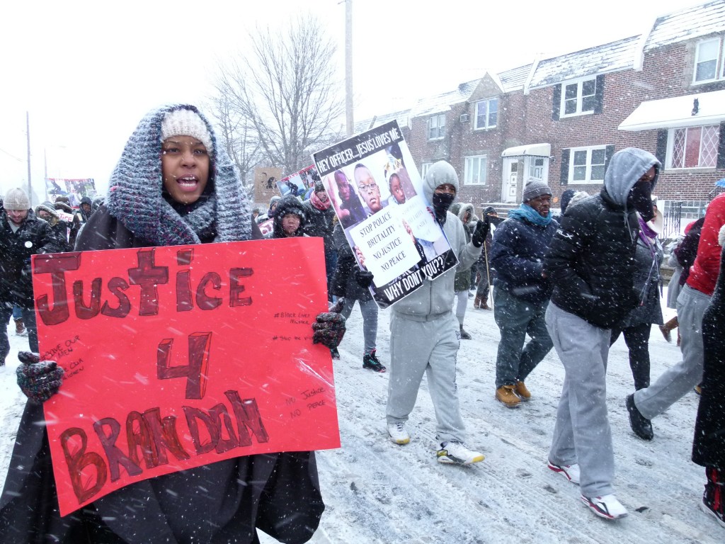 Demonstrators marched through Mayfair towards 15th Precinct headquarters on Saturday, FEb. 22nd, 2015. Photo: Joe Piette