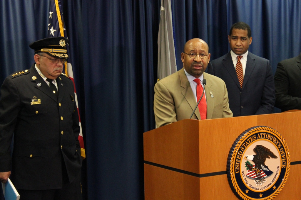 Mayor Nutter at yesterday's press conference releasing the COPS office report, with Commissioner Charles Ramsey on the left and US Attorney Zane Memenger on the right. Photo by Kenneth Lipp