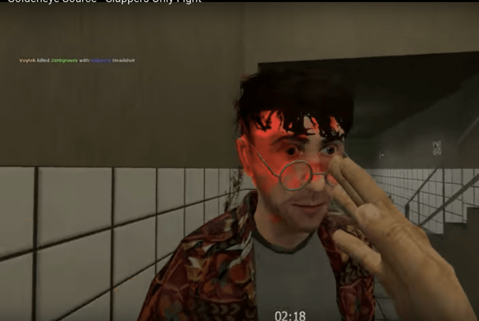 A screenshot from the “Slappers Only” multiplayer mode of GoldenEye 007, a classic game, released in 1997 for the Nintendo 64 home console.